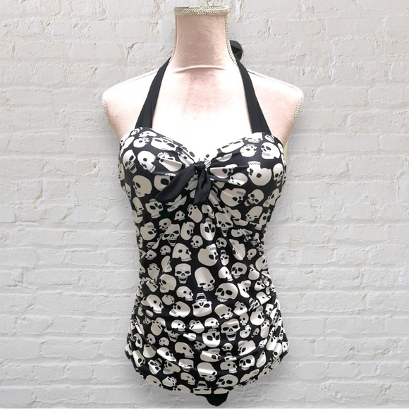 Retro Pin Up Style Skull print Swimsuit, Halter top, black and white - Picture 1 of 7
